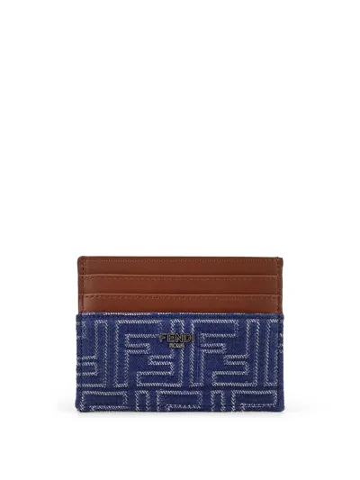 Fendi Jacquard Ff Fabric Cardholder With Denim Effect In Blue