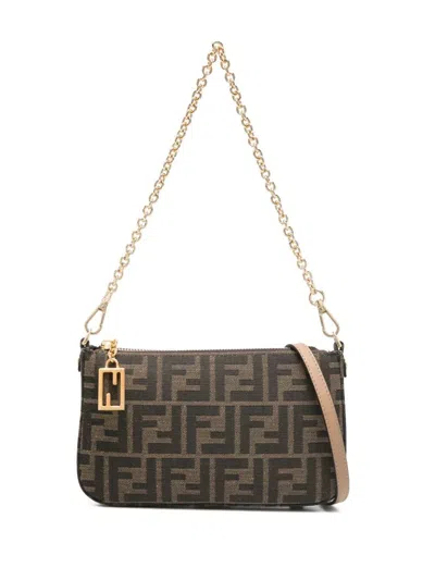 Fendi Jacquard Ff Fabric Uette Pouch With Chain Bags In Brown