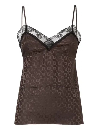 FENDI JACQUARD FF LACE-TRIMMED TOP