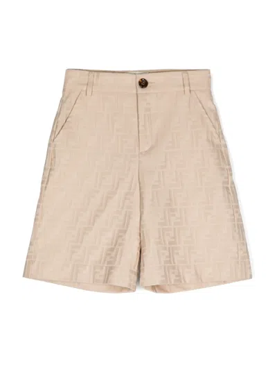 Fendi Kids' Jacquard Ff Logo Cotton Shorts In Neutrals