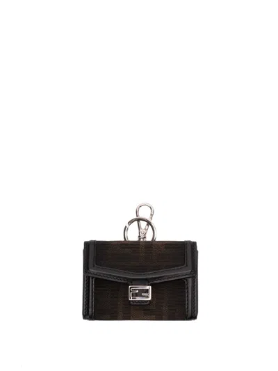 Fendi Jacquard `ff Nano Baguette` Keychain In Black