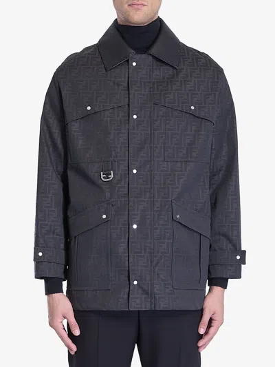 Fendi Jacquard Ff Waxed Brown Blouson In Fangotabac