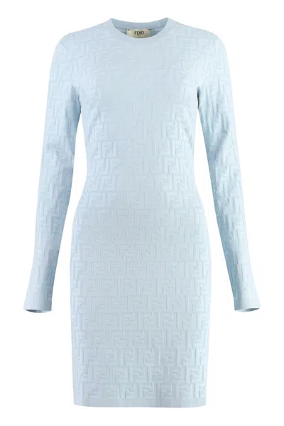 Fendi Ff Jacquard Long Sleeved Crewneck Dress In Pale Blue