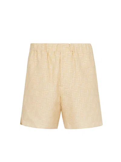 Fendi Jacquard Linen And Cotton Bermuda Shorts With All-over Ff Motif