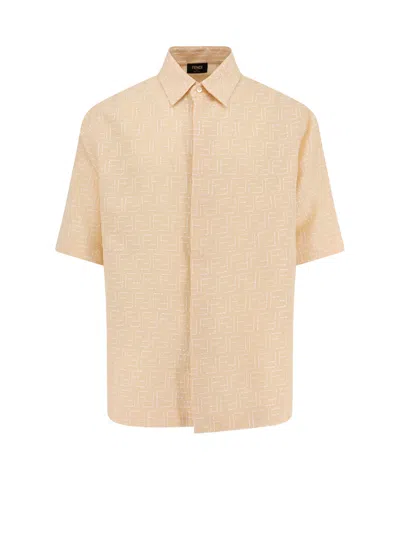 Fendi Jacquard Linen And Cotton Shirt With All-over Ff Embroidery In Neutral