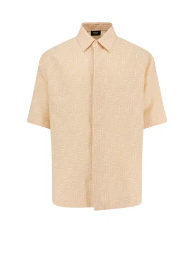 Fendi Jacquard Linen And Cotton Shirt With All-over Ff Embroidery In Beige