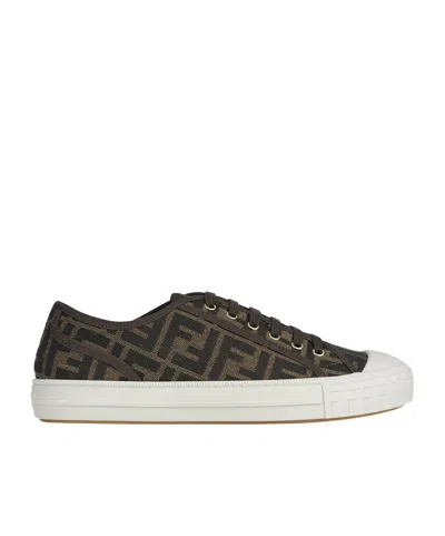 Fendi Men Brown Sneaker With All-over Ff Motif In Fabric Man In Black