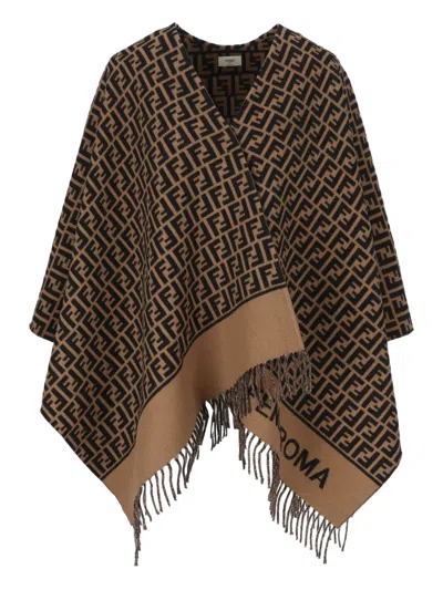 FENDI JACQUARD-PATTERN FRINGED PONCHO