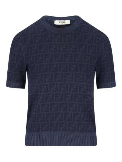 Fendi Wool Jacquard Pattern Sweater With Ribbed Edges In Blue
