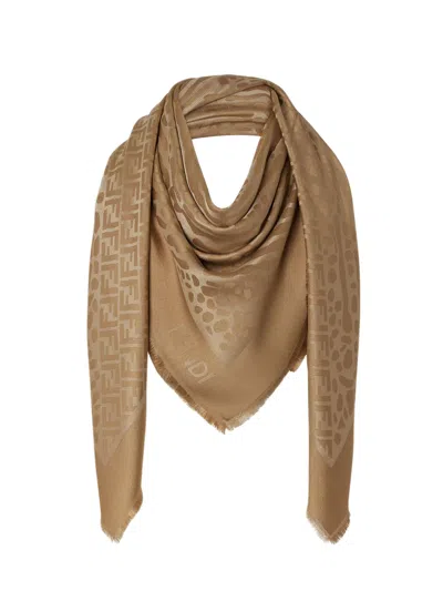 Fendi Jacquard Silk & Wool Blend Scarf, 140 X 140 Cm In Marrone