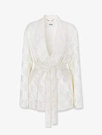 Fendi Jacquard Silk Blazer With Floral Motif In White