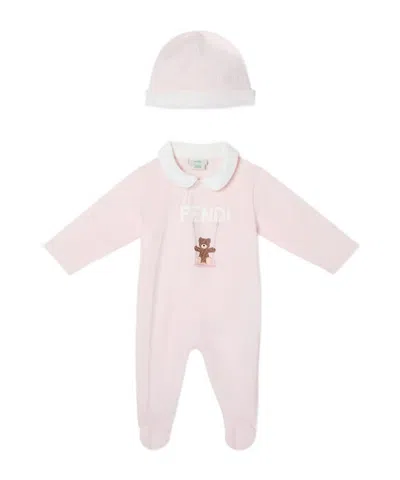 Fendi Jersey Baby Set With Teddy Bear Print In Black
