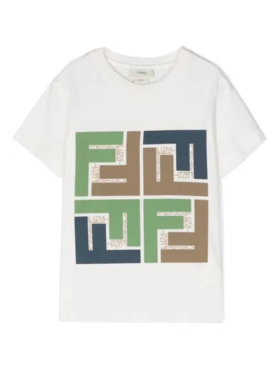 Fendi Kids' T-shirt In Jersey Con Logo Puzzle In White