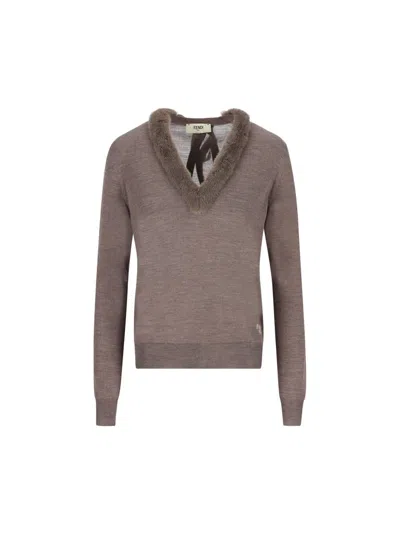 Fendi Wool And Silk V-neck Jumper Clothing In Brown