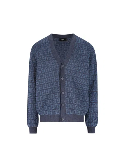 Fendi Embroidered Stretch Linen Blend Cardigan In Blue