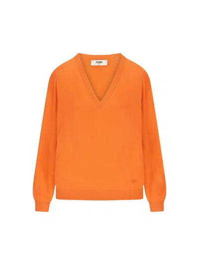 Fendi Stretch Cashmere V Neck Sweater Long Sleeves In Orange