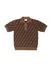 Fendi Teen Boys Brown Logo Knitted Polo Shirt In Yellow