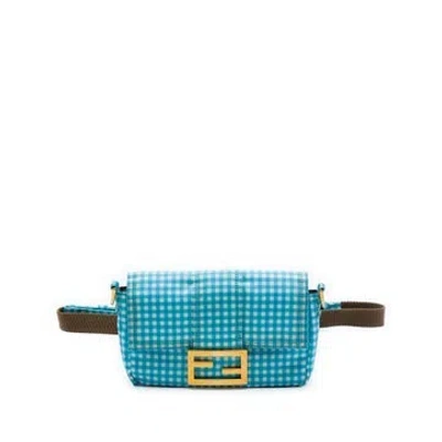 Pre-owned Fendi Joshua Vides Mini Nylon Gingham Convertible Baguette Satchel In Blue