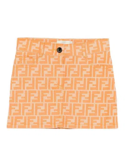 Fendi Jr Kids' All Over Ff-motif Denim Miniskirt In Brown