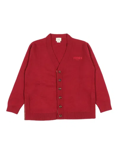 Fendi Jr Cardigan Wool Knit Logo In Red
