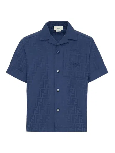 Fendi Jr Kids' Ff Cotton Jacquard Short-sleeved Shirt In Blue