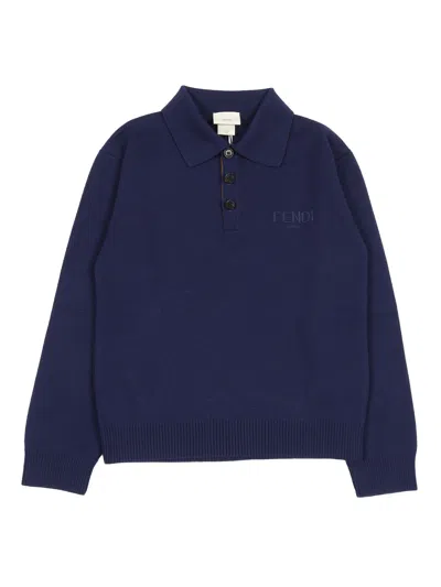 Fendi Jr Kids'  Polo Wool Knit Logo In Blue