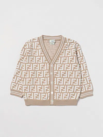 Fendi Beige Cardigan For Babykids With Iconic Ff In Gesso