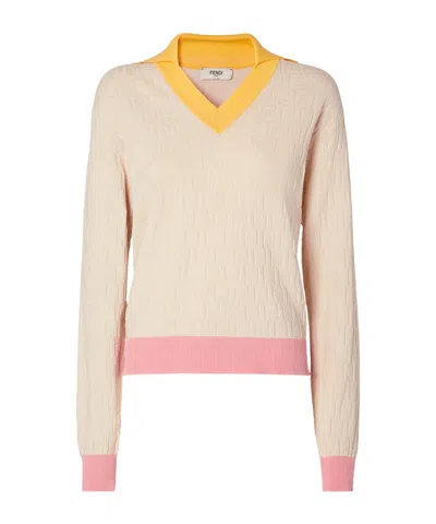 Fendi Knitwear Long Sleeves V Neck Contrasting Collar In Neutral