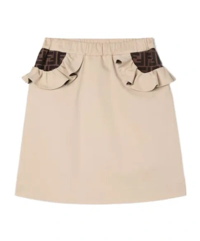Fendi Kids' Junior Beige Gabardine Midi Skirt With Tobacco-coloured Logo In Neutral
