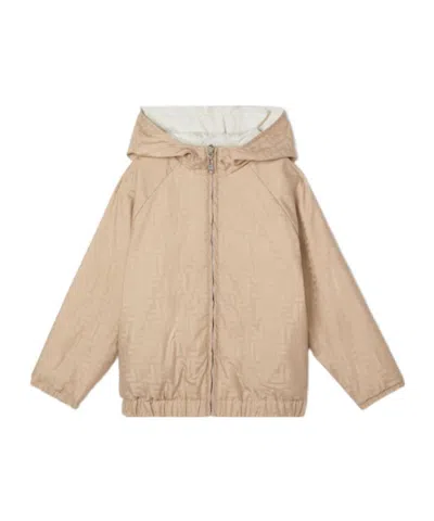 Fendi Junior Jacquard Nylon Windbreaker Jacket With Tone-on-tone Logo In Nude