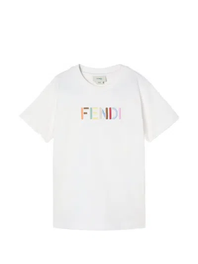 Fendi Kids' Junior T-shirt With Multicolor Embroidery In White