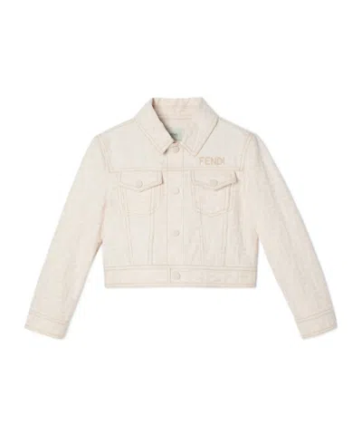 Fendi Junior White Denim-effect Cropped Jacket With Logo