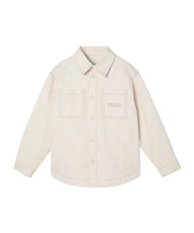 Fendi Junior White Denim-effect Shirt Jacket With Tone-on-tone Logo In Neutral