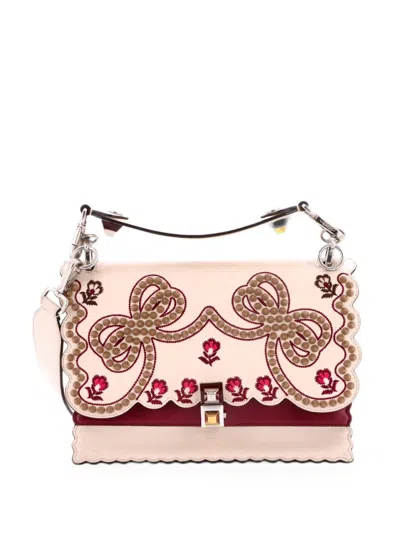 Pre-owned Fendi Kan I Bag Embroidered Studded Leather Medium Shoulder Bag In Neutral