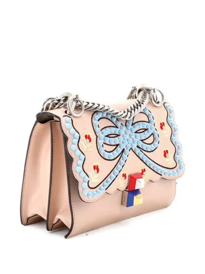 Pre-owned Fendi Kan I Bag Embroidered Studded Leather Small Shoulder Bag In Neutral