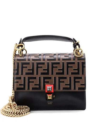 Pre-owned Fendi Kan I Bag Zucca Embossed Leather Small Shoulder Bag In Black