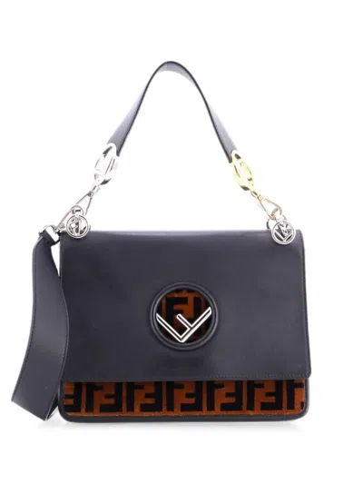 Pre-owned Fendi Kan I F Leather And Zucca Velvet Medium Shoulder Bag In Black