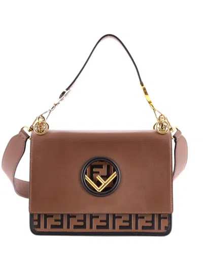 Pre-owned Fendi Kan I F Leather With Zucca Embossed Detail Medium Shoulder Bag In Brown