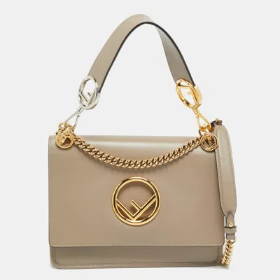 Pre-owned Fendi Kan I F Logo Beige Leather Top Handle Bag In Sand