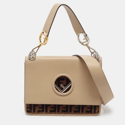Pre-owned Fendi Kan I F Logo Beige/brown Ff Leather And Velvet Shoulder Bag In Sand