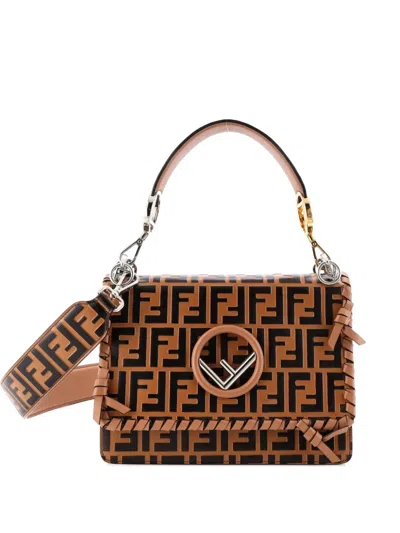 Pre-owned Fendi Kan I F Shoulder Bag Whipstitch Zucca Embossed Leather Medium Satchel In Brown