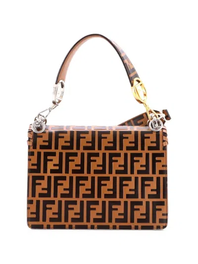 Pre-owned Fendi Kan I F Shoulder Bag Whipstitch Zucca Embossed Leather Medium Satchel In Brown