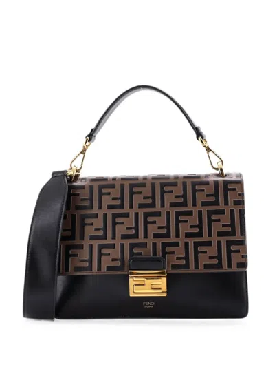 Pre-owned Fendi Kan U Zucca Embossed Leather Medium Shoulder Bag In Black