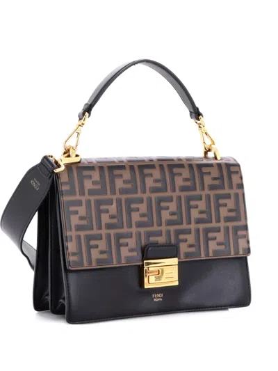 Pre-owned Fendi Kan U Zucca Embossed Leather Medium Shoulder Bag In Brown