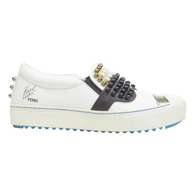 Pre-owned Fendi Karl Loves Studded Karlito White Leather Skate Sneakers Eu36.5