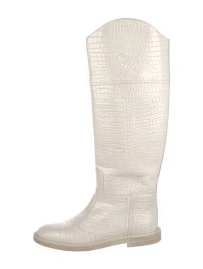 Pre-owned Fendi Karligraphy Accent Embossed Leather Riding Boots In Neutrals