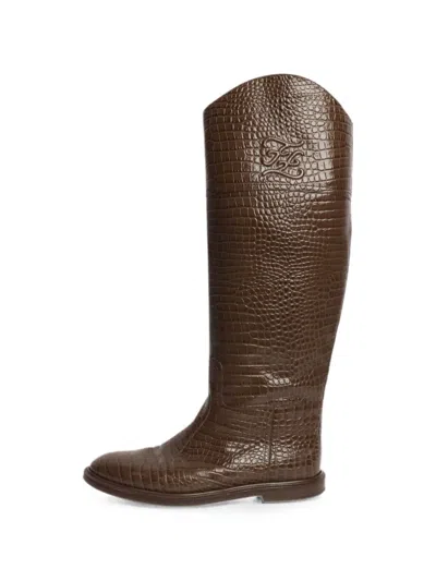 Pre-owned Fendi Karligraphy Croc-embossed Riding Boots In Brown