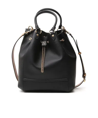 Fendi Karligraphy Drawstring Bucket Tote In Black