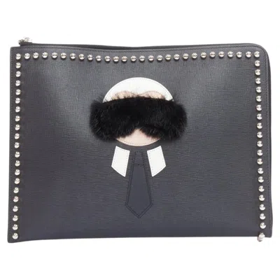 Pre-owned Fendi Karlito Black Mink Fur White Leather Studded Saffiano Portfolio Clutch Bag