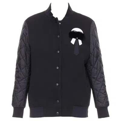 Pre-owned Fendi Karlito Black Modal Blend Fur Trim Quilted Bomber Jacket It38 Xs